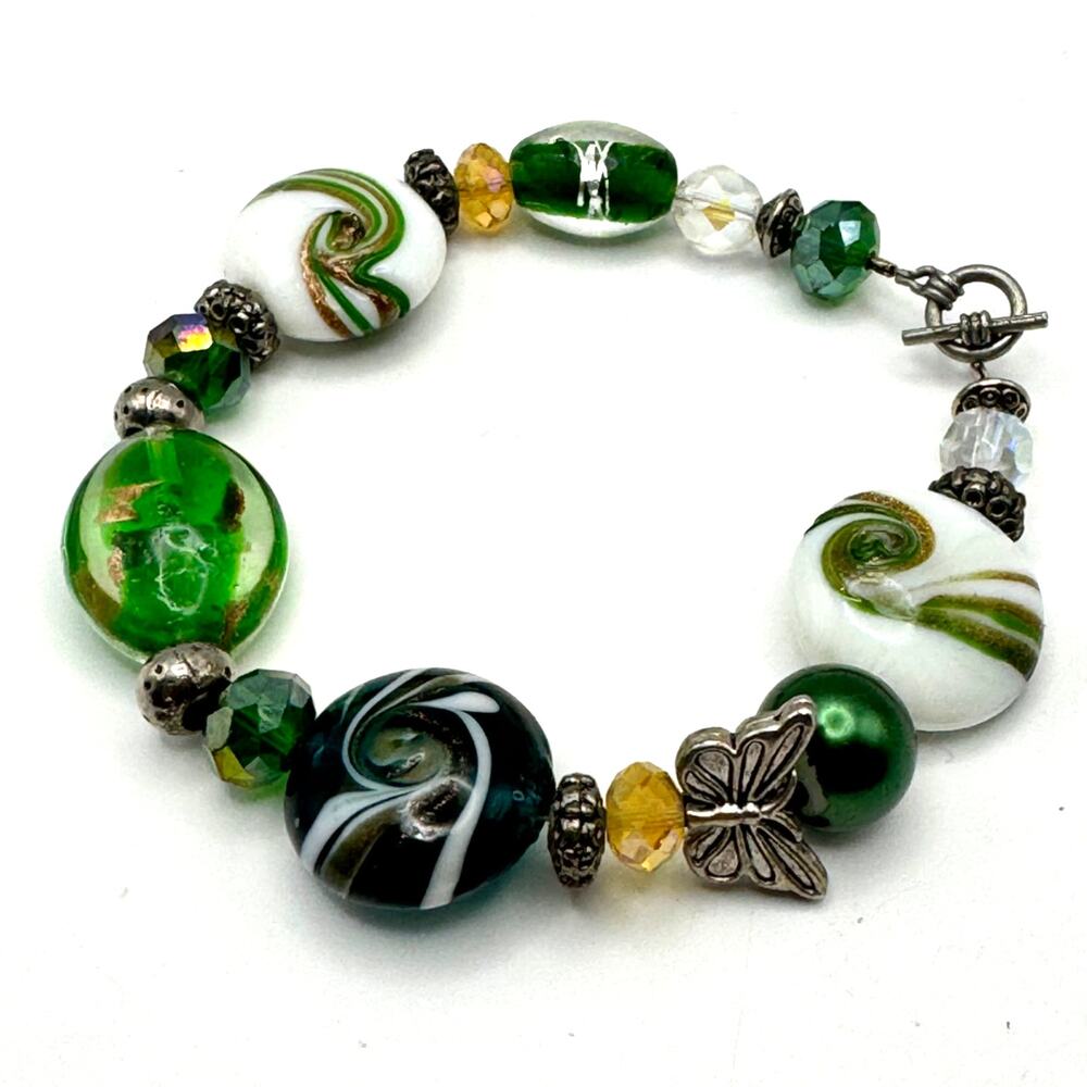 Handcrafted Art glass‎ Green White Lampwork Bead Bracelet with Toggle Clasp